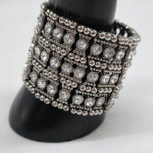 Silver Tone Crystal Statement Bracelet Wide Cuff Rhinestones Elegant Accessory